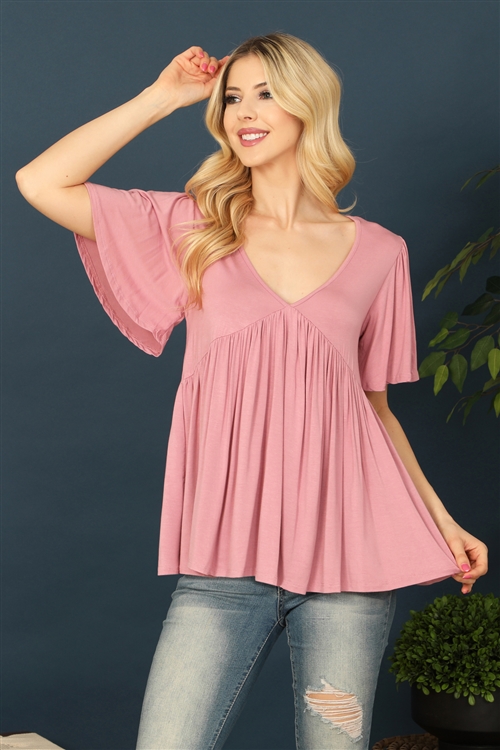 C70-A-1-T4223-D. PINK V-NECK PLEATED FRONT DETAIL BELL SLEEVE SOLID TOP 2-2-2-2