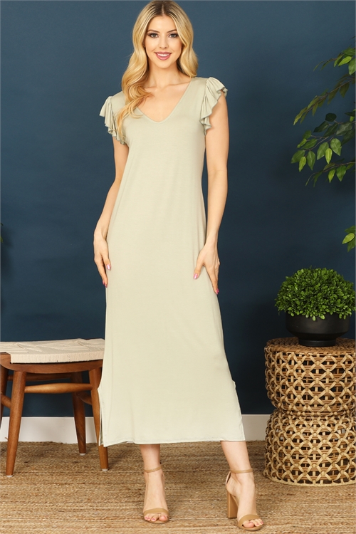 C72-A-2-D5043-SAGE RUFFLE CAP SLEEVE V-NECK SIDE SLIT SOLID MIDI DRESS 2-2-2-2