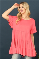 C78-A-3-T2888-CORAL SHORT RUFFLE SLEEVE TIERED TUNIC TOP 2-2-2-2