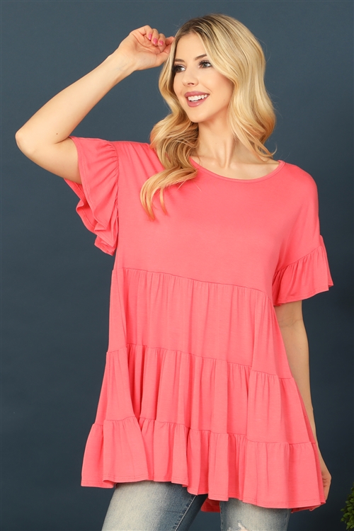 C78-A-3-T2888-CORAL SHORT RUFFLE SLEEVE TIERED TUNIC TOP 2-2-2-2