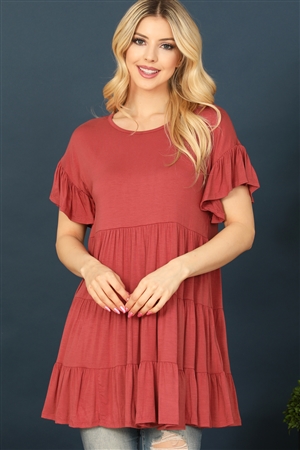 C78-A-3-T2888-MARSALA SHORT RUFFLE SLEEVE TIERED TUNIC TOP 2-2-2-2