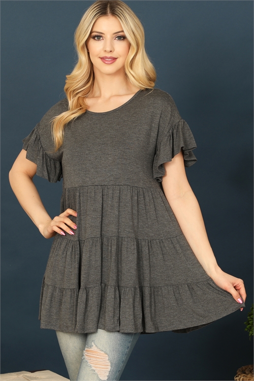 C78-A-3-T2888-CHARCOAL SHORT RUFFLE SLEEVE TIERED TUNIC TOP 2-2-2-2