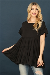 C78-A-3-T2888-BLACK SHORT RUFFLE SLEEVE TIERED TUNIC TOP 2-2-2-2