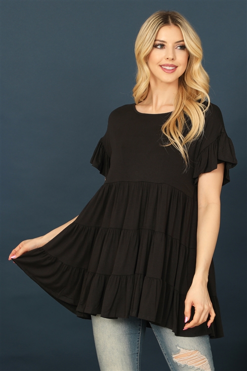 C78-A-3-T2888-BLACK SHORT RUFFLE SLEEVE TIERED TUNIC TOP 2-2-2-2