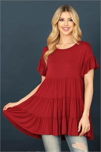 C78-A-2-T2888-BURGUNDY SHORT RUFFLE SLEEVE TIERED TUNIC TOP 2-2-0-0