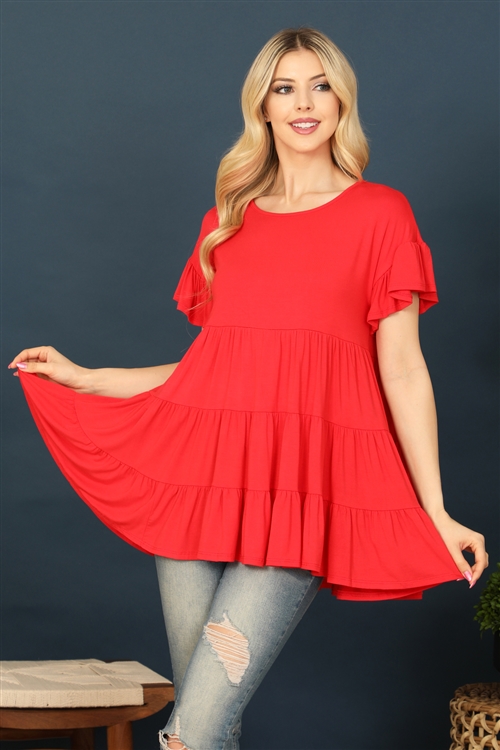 C78-A-2-T2888-RED SHORT RUFFLE SLEEVE TIERED TUNIC TOP 2-2-2-2