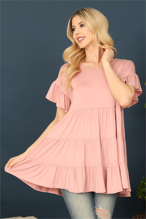 C78-A-2-T2888-D. PINK SHORT RUFFLE SLEEVE TIERED TUNIC TOP 2-2-2-2