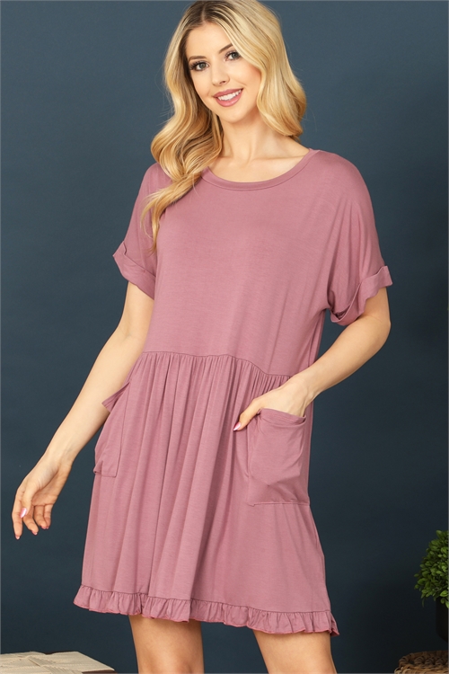 C80-A-3-D3898-MAUVE HALF SLEEVE SIDE POCKET RUFFLE DETAIL HEM DRESS 2-2-2-2