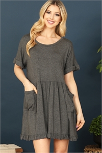 C86-A-1-D3898-CHARCOAL HALF SLEEVE SIDE POCKET RUFFLE DETAIL HEM DRESS 2-1-2-2