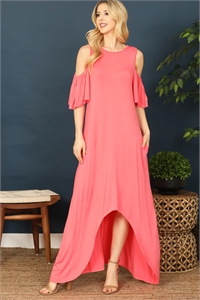 C86-A-3-D3514-CORAL RUFFLE DETAIL COLD SHOULDER ASSYMETRICAL HEM MAXI DRESS 2-2-2-2