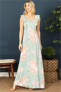 C84-A-1-D3890-SAGE WITH FLOWERS RUFFLE SLEEVE MAXI DRESS 1-2-2-2