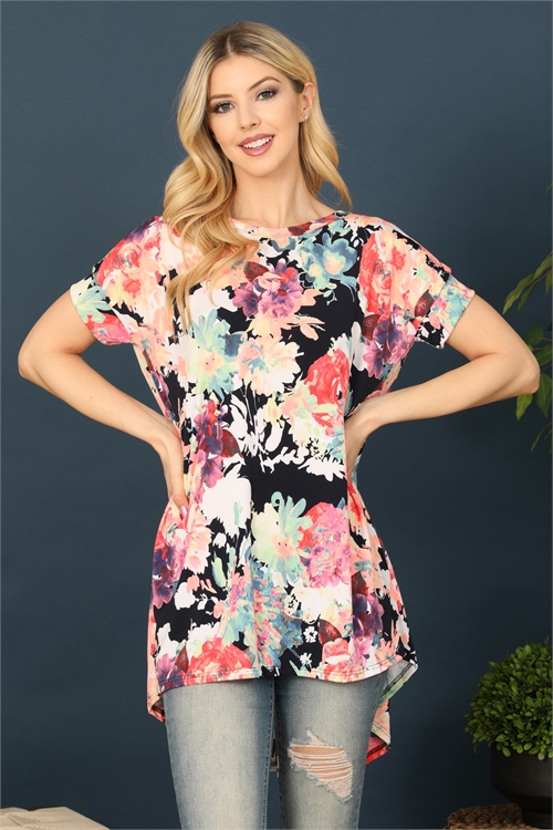C92-A-3-T2564-9-MULTICOLOR SHORT SLEEVE LONG BACK TUNIC FLORAL TOP 2-2-2-2