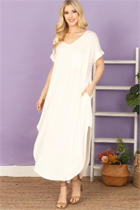 C96-A-1-D3549-IVORY V-NECK SIDE SLIT CURVE HEM SOLID DRESS 2-2-2-2