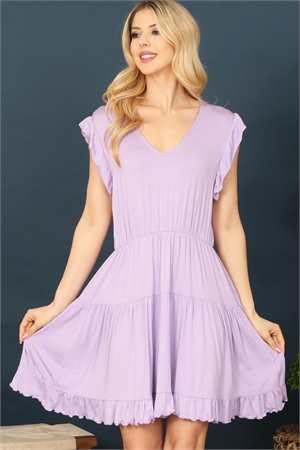 SA4-000-1-D51171-LAVENDER V-NECK RUFFLE CAP SLEEVE AND HEM TIERED DRESS 2-2-2-2