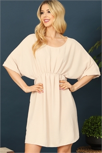 S7-3-4-D5122-CREAM HALF SLEEVE ELASTIC WAIST SOLID DRESS 2-1-2-1