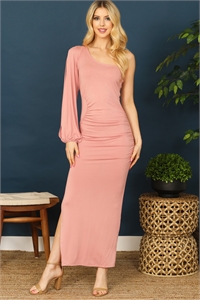 S5-10-2-D5118-D. PINK ONE SHOULDER CUT OUT LONG SLEEVE SIDE SLIT MAXI DRESS 2-2-2-2