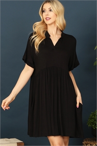 S7-3-4-D3887-BLACK NOTCH HALF SLEEVE SIDE POCKET TUNIC DRESS 1-2-1-2