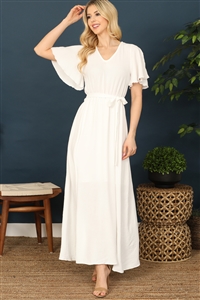 S11-1-3-D54571-IVORY V-NECK BELL SLEEVE WAIST TIE SOLID MAXI DRESS 2-2-1-1