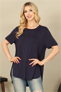 C70-A-3-T2734-NAVY SHORT SLEEVE ROUND NECK CURVE LONG BACK HEM SOLID TOP 2-2-2-2