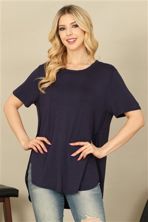 C70-A-3-T2734-NAVY SHORT SLEEVE ROUND NECK CURVE LONG BACK HEM SOLID TOP 2-2-2-2