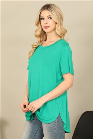 C70-A-3-T2734-KELLY GREEN SHORT SLEEVE ROUND NECK CURVE LONG BACK HEM SOLID TOP 2-2-2-2