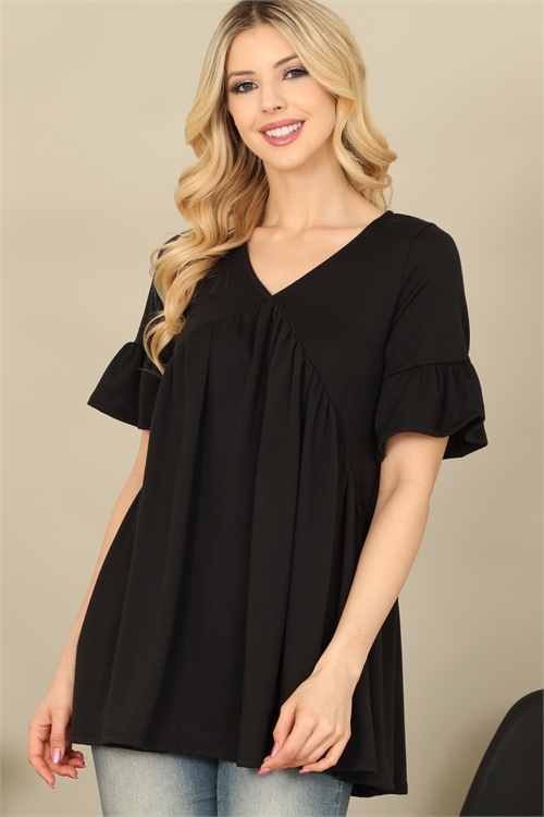 C70-A-2-T4218-BLACK V-NECK RUFFLE BELL SLEEVE PLEATED DETAIL TOP 2-2-2-2