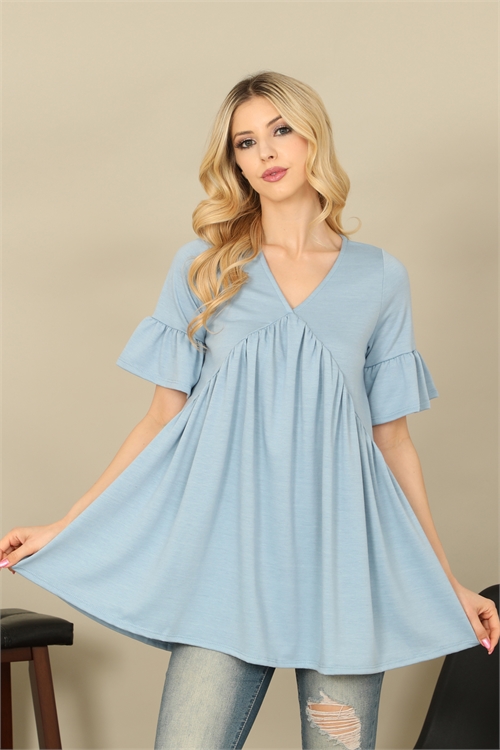 C72-A-1-T4218-BLUE V-NECK RUFFLE BELL SLEEVE PLEATED DETAIL TOP 2-2-2-2