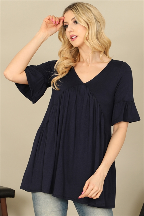 C72-A-1-T4218-NAVY V-NECK RUFFLE BELL SLEEVE PLEATED DETAIL TOP 2-2-2-2
