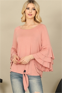 C74-A-1-T2887-D. PINK LAYERED BELL SLEEVE BOAT NECK FRONT KNOT SOLID TOP 2-2-2-2