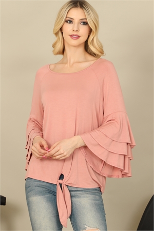 C74-A-1-T2887-D. PINK LAYERED BELL SLEEVE BOAT NECK FRONT KNOT SOLID TOP 2-2-2-2