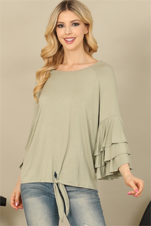 C74-A-1-T2887-SAGE LAYERED BELL SLEEVE BOAT NECK FRONT KNOT SOLID TOP 2-2-2-2