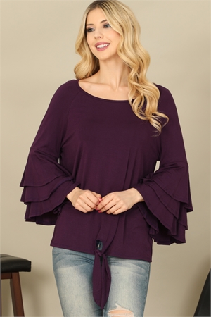 C74-A-2-T2887-EGGPLANT LAYERED BELL SLEEVE BOAT NECK FRONT KNOT SOLID TOP 2-2-2-2
