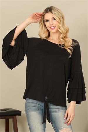 C74-A-2-T2887-BLACK LAYERED BELL SLEEVE BOAT NECK FRONT KNOT SOLID TOP 2-2-2-2