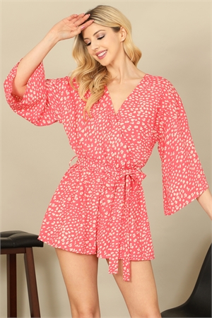 C80-A-2-R7108-CORAL ANIMAL PRINT WRAP FRONT BELL SLEEVE WAIST TIE ROMPER 2-2-2-2