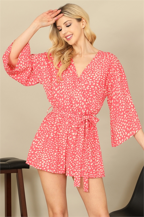 C80-A-2-R7108-CORAL ANIMAL PRINT WRAP FRONT BELL SLEEVE WAIST TIE ROMPER 2-2-2-2