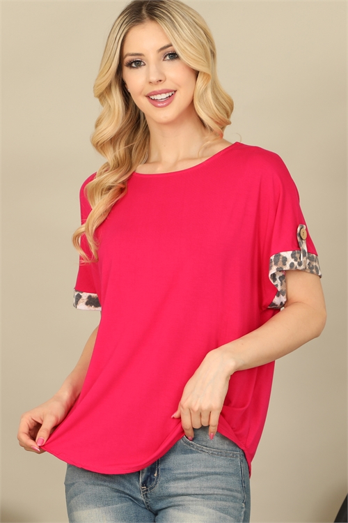 C86-A-2-T4078-HOT PINK LEOPARD CUFF SHORT SLEEVE SOLID TOP 2-2-2-2
