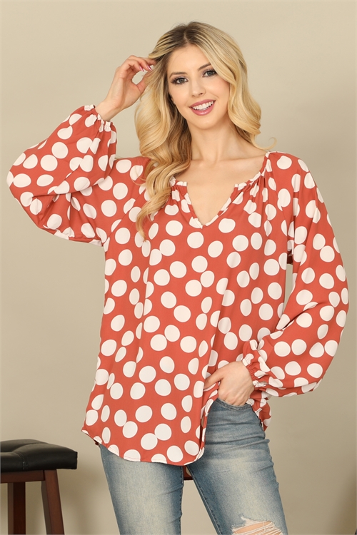 S4-7-4-T4416-RUST IVORY NOTCH NECK POLKA DOT LONG PUFF SLEEVE TOP 2-2-2-2