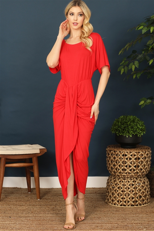 S11-5-2-D5100-RED  RUCHED WRAP SPLIT HEM HALF SLEEVE DRESS 1-2-2-2