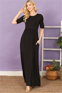 C86-A-1-D3601-BLACK SHORT SLEEVE ROUND NECK SIDE POCKET SOLID MAXI DRESS 2-2-2-2