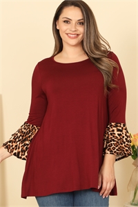 C96-A-1-T2877X-BURGUNDY PLUS SIZE LEOPARD FLOUNCE SLEEVE SOLID ROUND NECK TOP 2-2-2