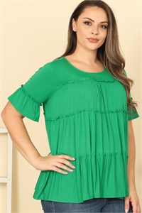 C96-A-1-T4212X-KELLY GREEN PLUS SIZE TIERED RUFFLE SHORT SLEEVE SOLID TOP 2-2-2