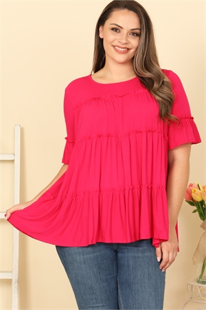 C96-A-1-T4212X-FUCSHIA PLUS SIZE TIERED RUFFLE SHORT SLEEVE SOLID TOP 2-2-2