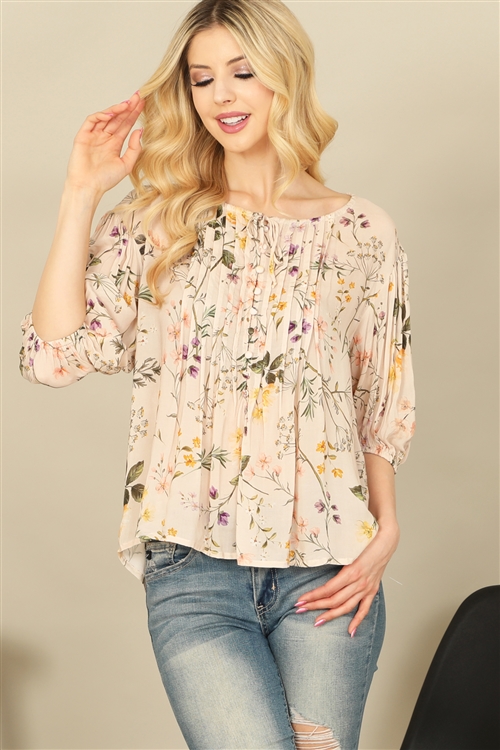 S10-2-2-T671L-PEACH BLUSH PLEATED FRONT QUARTER SLEEVE FLORAL TOP 2-2-1