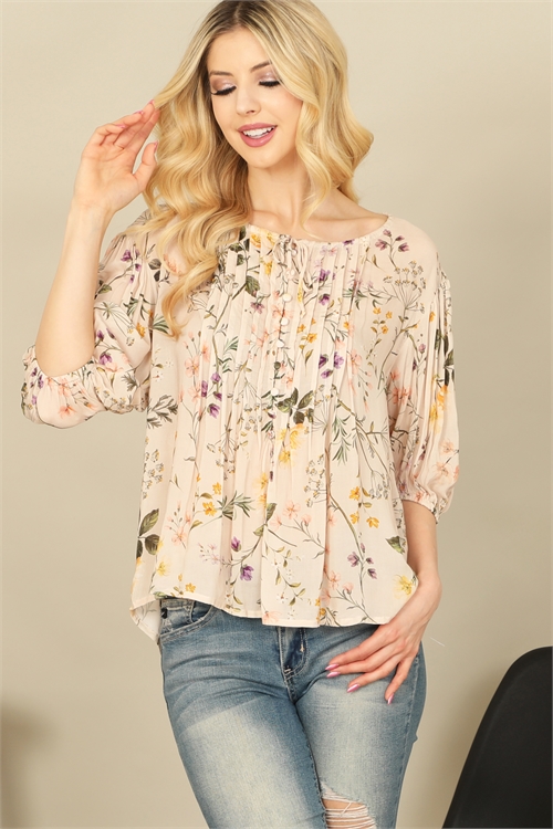 S8-4-4-T671L-PEACH BLUSH PLEATED FRONT QUARTER SLEEVE FLORAL TOP 1-3-2