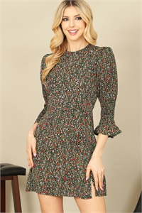 S8-4-4-D533L-BLACK GREEN SHIRRING SLEEVE CREW NECK FLORAL MINI DRESS 1-2-1