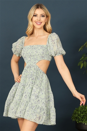 S11-3-1-D65L-MIST GREEN DUSTY BLUE SIDE CUT-OUT PUFF SLEEVE FLORAL MINI DRESS 2-2-1