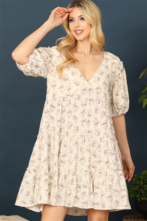 S10-1-1-D56L-CREAM BLUE V-NECK PUFF SLEEVE TIERED FLORAL DRESS 2-2-1