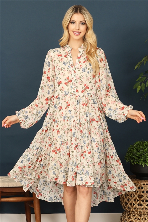 S8-4-4-D870L-IVORY MULTI NOTCH NECK LONG PUFF SLEEVE TIERED FLORAL MIDI DRESS 1-4-2