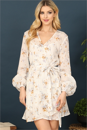 S9-4-2-D66L-WHITE AMBER ORANGE WRAP FRONT TIE DETAIL LONG PUFF SLEEVE FLORAL MINI DRESS 2-2-1