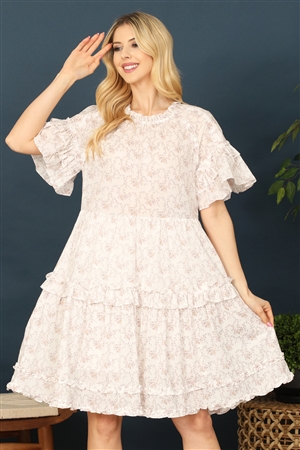 S8-6-1-D340L-WHITE TAUPE RUFFLE DETAIL BABYDOLL FLORAL DRESS 2-2-1